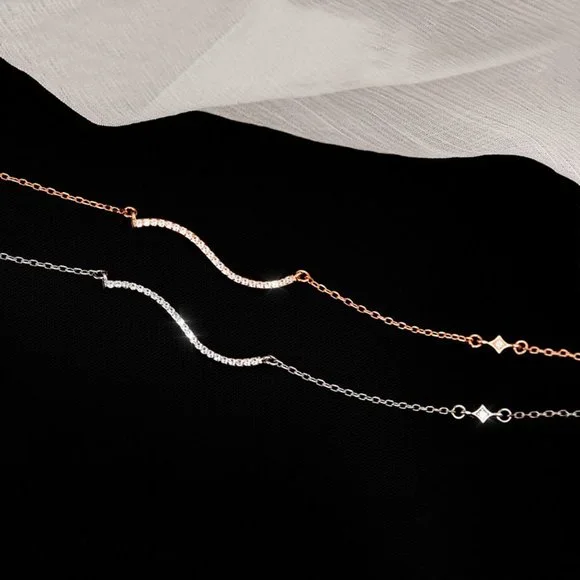 NEW Silver Rose Gold Simple Wave Necklace - Picture 2 of 6